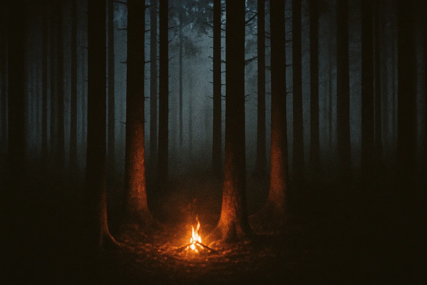 Feuer zwischen Tannen unter dem Vollmond