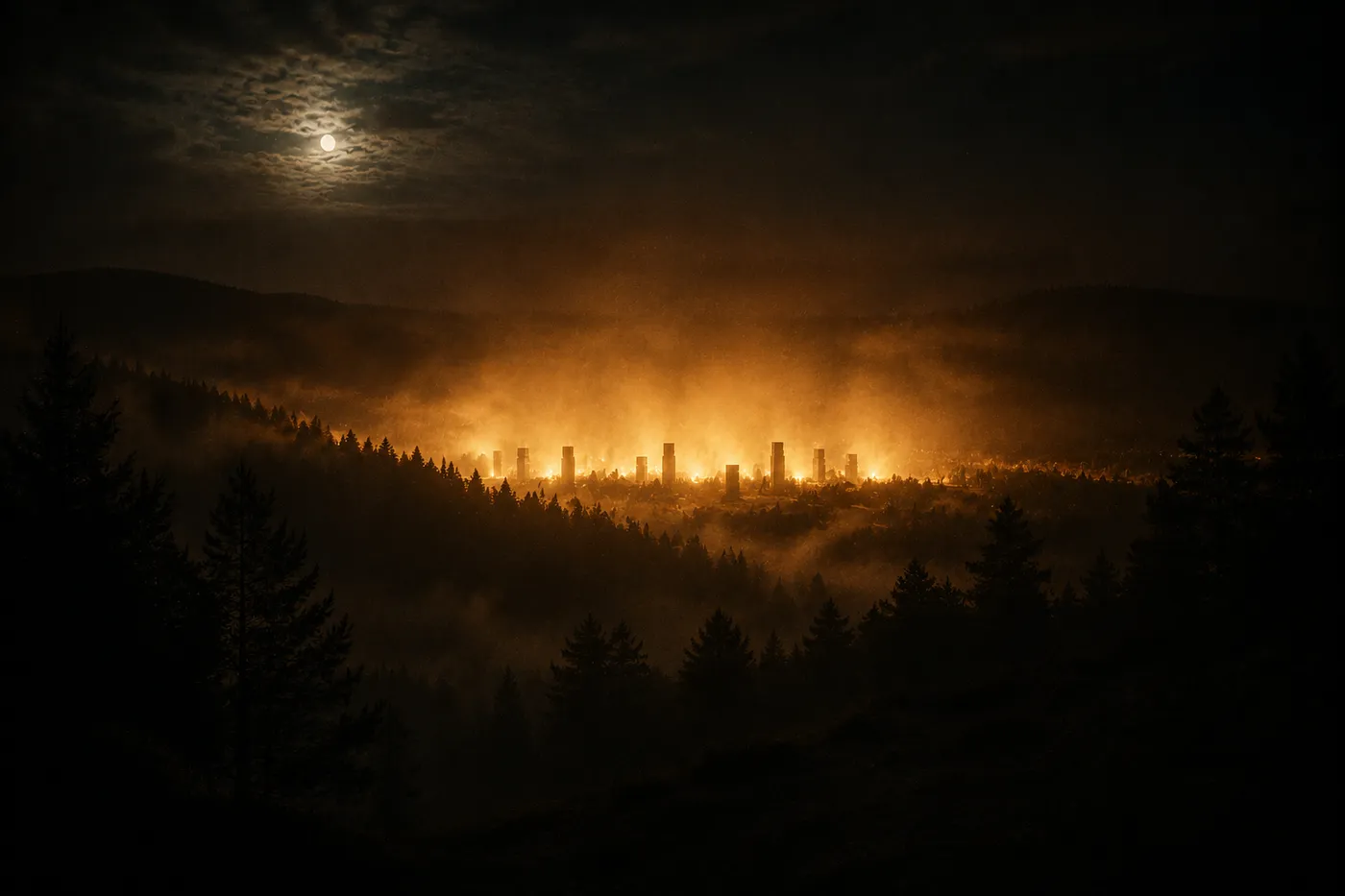 Anlage, Lichtkegel und ein Mischpult auf der Lichtung im Wald